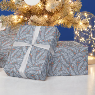 Papel De Presente Folha de Pinheiro de Natal Botânico Dusty Blue