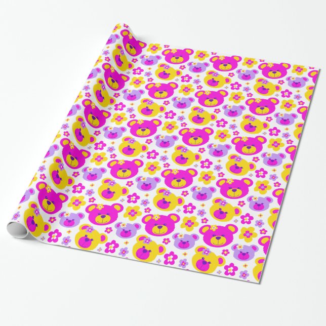 Papel De Presente Folha de ursinho rosa, flores amarelas cor-de-rosa (Desenrolado)