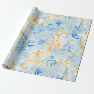 Papel De Presente Folha Elegante Azul e Dourada Inspirada em Paisley