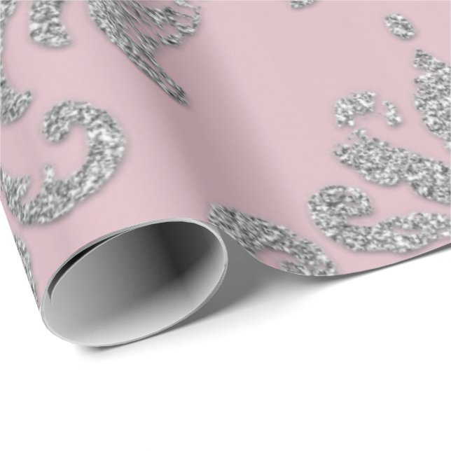 Papel De Presente Folha rosa Damask Pastel Real de Prata Metálica (Ponta do rolo)