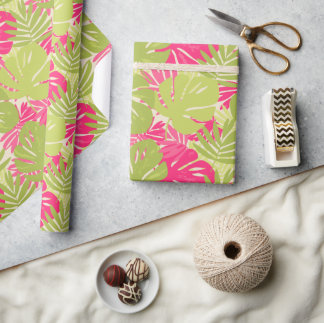 Papel De Presente Folha tropical de monstera ousada vibrante rosa e 