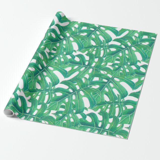 Papel De Presente Folha tropical monstera verde padrão branco b (Desenrolado)