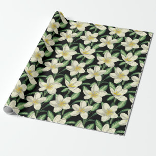 Papel De Presente Folha verde de flores brancas de forma contínua tr