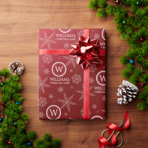 Papel De Presente Folha Vermelha Festiva Snowflakes Monograma