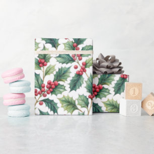 Papel De Presente Folhagem Botânica Azevinho e Cerejas Feriado 