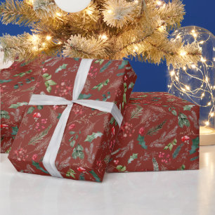 Papel De Presente Folhagem Botânica de Natal Festiva Burgundy