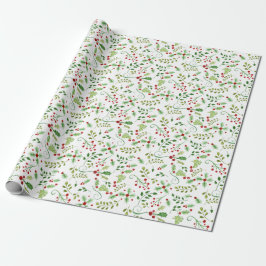 Papel De Presente Folhagem de Holly Berry Verde Vermelho com Aquarel