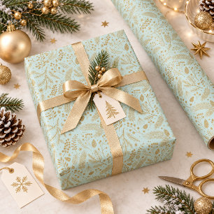 Papel De Presente Folhagem de Inverno Rústico-Chique em Verde-Menta
