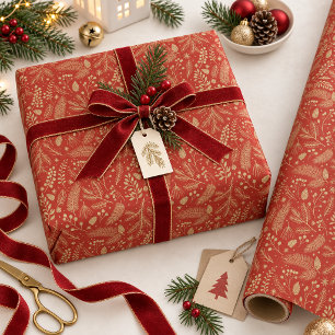 Papel De Presente Folhagem de Inverno Rústico-Chique Vermelho Dourad