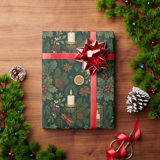 Papel De Presente Folhagem de Lanterna de Natal Antiga (Presente de Natal)