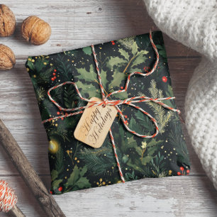 Papel De Presente Folhagem de Natal Holly Dark Winter Holiday