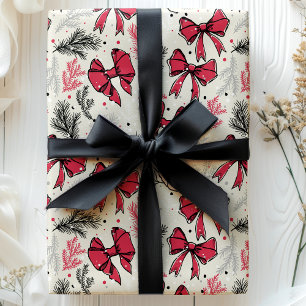Papel De Presente Folhagem de Natal Vintage com Laços Vermelhos