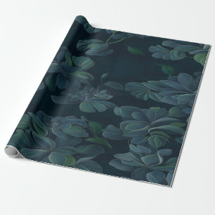 Papel De Presente Folhagem Encantada: Folhas Verdes no Azul Escuro 4
