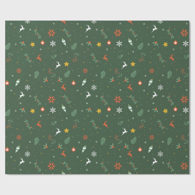 Papel De Presente Folhagem Verde de Feriado, Rena e Enfeites de Pape (Aberto)