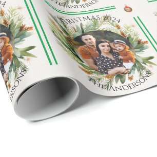 Papel De Presente Folhagem Verde Deixa Foto da Família Feliz Natal
