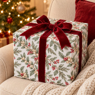 Papel De Presente Folhagens de Natal Vintage Vermelhos e Bagas Branc