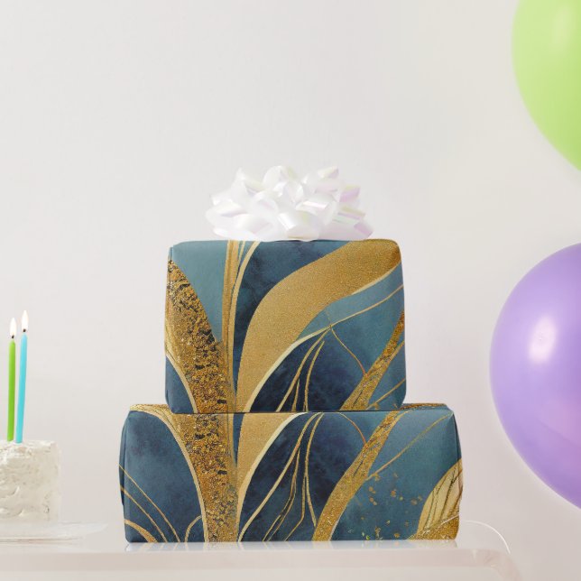 Papel De Presente Folhas azuis e douradas em abstrato (Presentes para festas)