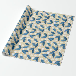 Papel De Presente Folhas Azuis e Flores Brancas em Fundo bege