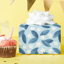 Papel De Presente Folhas Azuis e Flores Brancas Padrão Invisível