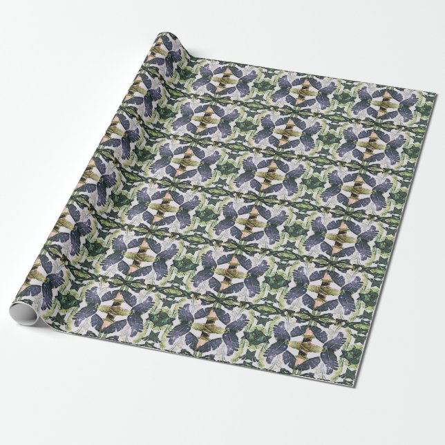 Papel De Presente Folhas Azuis e Verdes Abstratas Arte ou Presente  (Desenrolado)