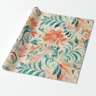 Papel De Presente Folhas Azuis Russas e Padrão Floral Vermelho-Laran