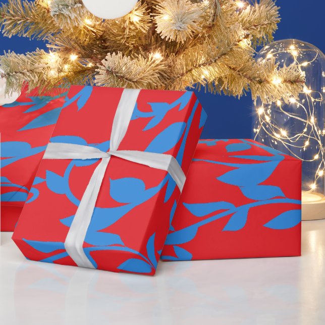 Papel De Presente Folhas Azuis Vinhas Vermelhas Botânico (Feriados)