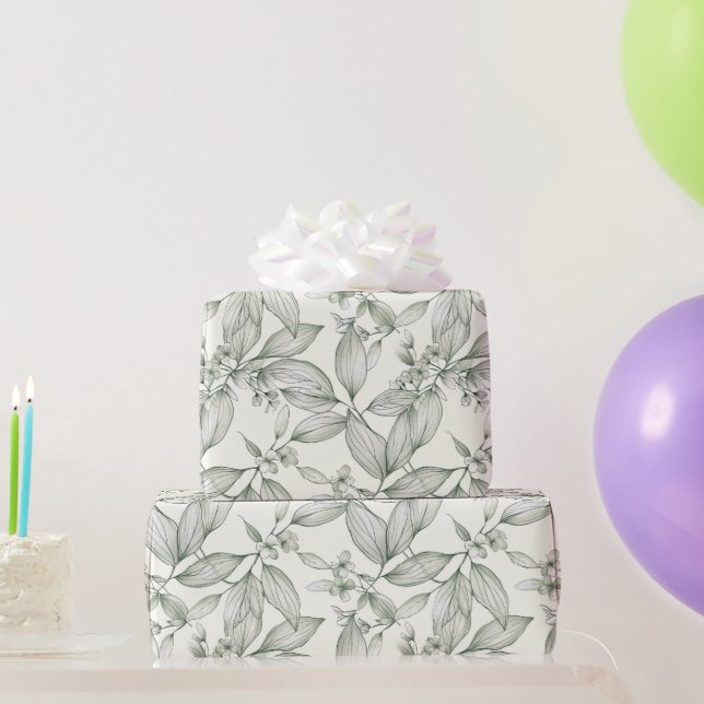 Papel De Presente Folhas botânicas linhas brancas (Presentes para festas)