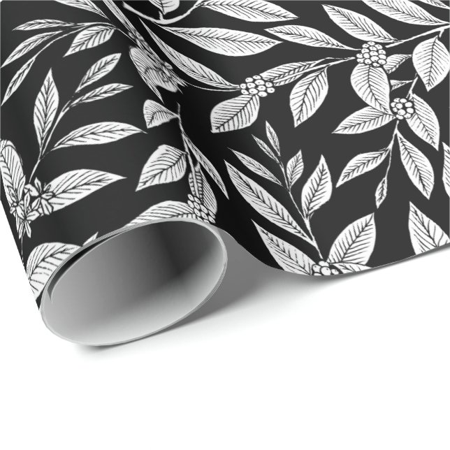 Papel De Presente Folhas da Árvore de Café com Padrão Branco (Ponta do rolo)