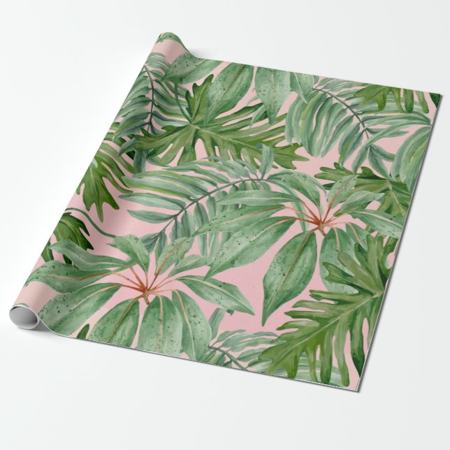 Papel De Presente Folhas da Selva Tropical de Folhagem Rosa na Moda (Desenrolado)