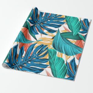 Papel De Presente Folhas da Selva Tropical Laranja Amarelo Verde da 