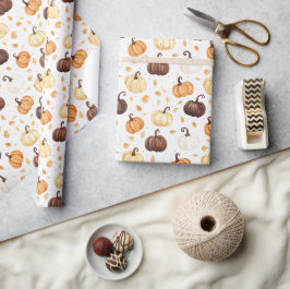 Papel De Presente Folhas de Abóboras Creme Laranja Marrom