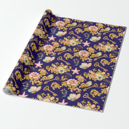 Papel De Presente Folhas de Acanto Douradas sobre Azul