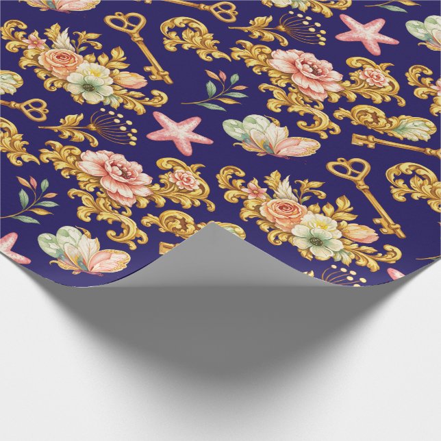 Papel De Presente Folhas de Acanto Douradas sobre Azul (Ponta)