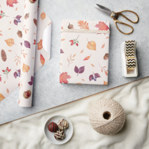 Papel De Presente Folhas de Aquarela de Outono Aconchegante e Padrão
