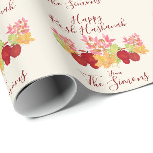 Papel De Presente Folhas de Aquarela Pintadas à Mão Maçãs Rosh Hasha