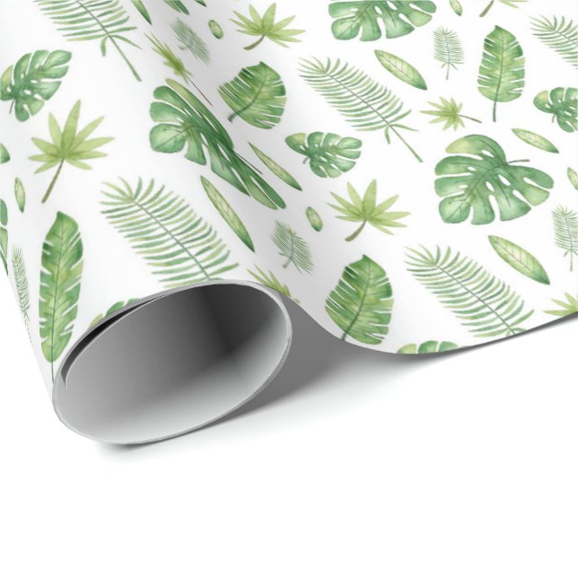 Papel De Presente Folhas de Aquarela Tropical (Ponta do rolo)