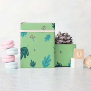 Papel De Presente Folhas de Árvore Sempre Verde & Bagas Vermelhas de