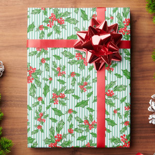 Papel De Presente Folhas de azevinho de Natal e bagas vermelhas e ve