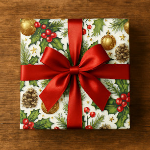 Papel De Presente Folhas de Azevinho de Natal e Laço Vermelho em Bra