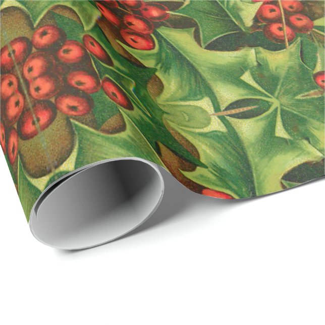 Papel De Presente Folhas de Azevinho Verde Bagas Vermelhas Natal Ant (Ponta do rolo)