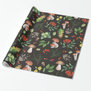 Papel De Presente Folhas de Floresta de Outono em Aquarela Cogumelos