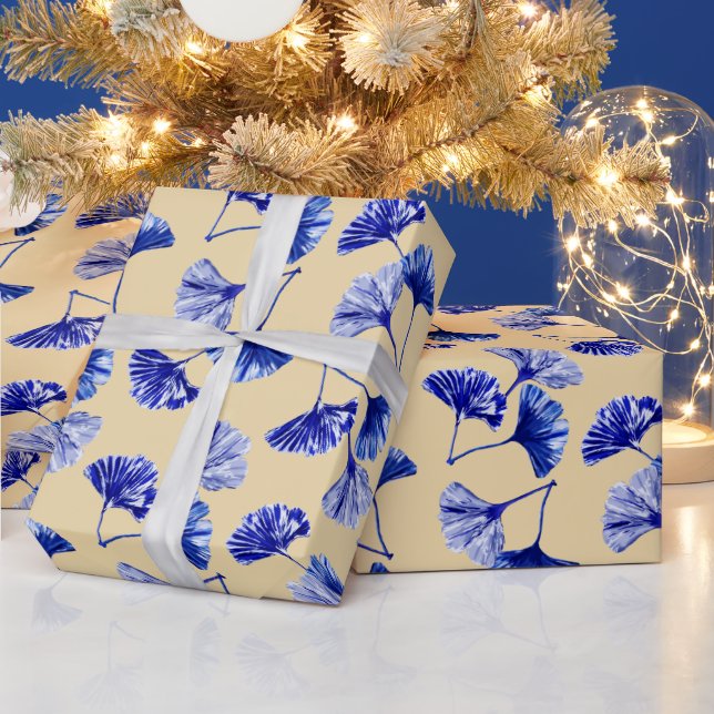 Papel De Presente Folhas de gingko azuis e brancas (Feriados)