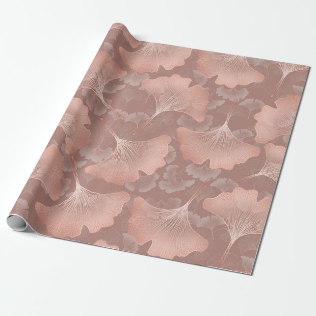 Papel De Presente Folhas de Ginkgo Beijo Romântico Botânico Dourado (Desenrolado)