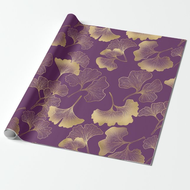 Papel De Presente Folhas de Ginkgo Douradas de Luxo em Roxo Fundo (4 (Desenrolado)
