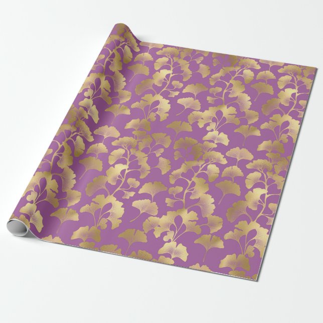 Papel De Presente Folhas de Ginkgo Douradas de Luxo em Roxo Fundo (5 (Desenrolado)