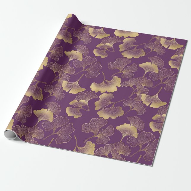 Papel De Presente Folhas de Ginkgo Douradas de Luxo em Roxo Fundo (7 (Desenrolado)