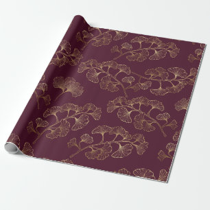 Papel De Presente Folhas de Ginkgo Douradas Luxuosas em Burgundy Pro