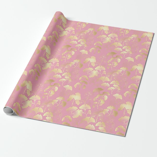 Papel De Presente Folhas de Ginkgo Douradas no Padrão Botânico Rosa  (Desenrolado)