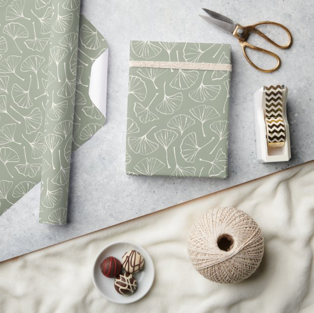 Papel De Presente Folhas de Ginkgo Japandi Neutro Botânico Verde Sag (Artesanato)