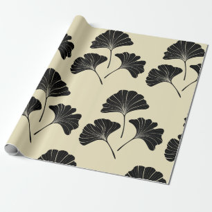 Papel De Presente Folhas de ginkgo preto e bege moderno